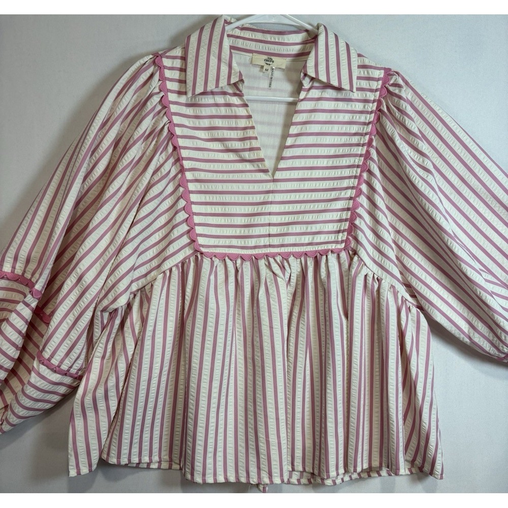 Entro Striped Seersucker Balloon Sleeve Blouse Pink White Scalloped Trim M